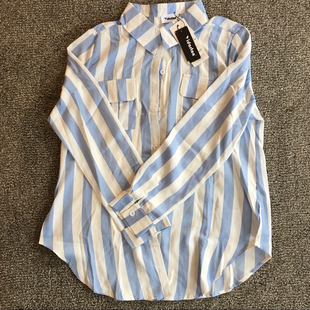 Yidarton blue stripe button down long sleeve shirt